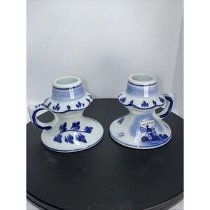 Pair‎ of Hand Painted DELFT BLUE 2" Tall Candle Stick Holders Finger Handle